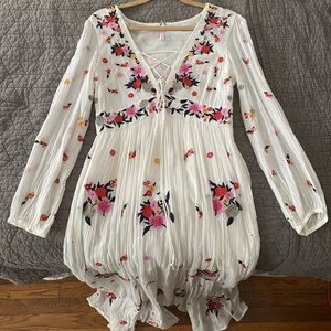 Free People Boho Floral Embroidered Hippie Maxi Dress White Gauze 8 M Wedding